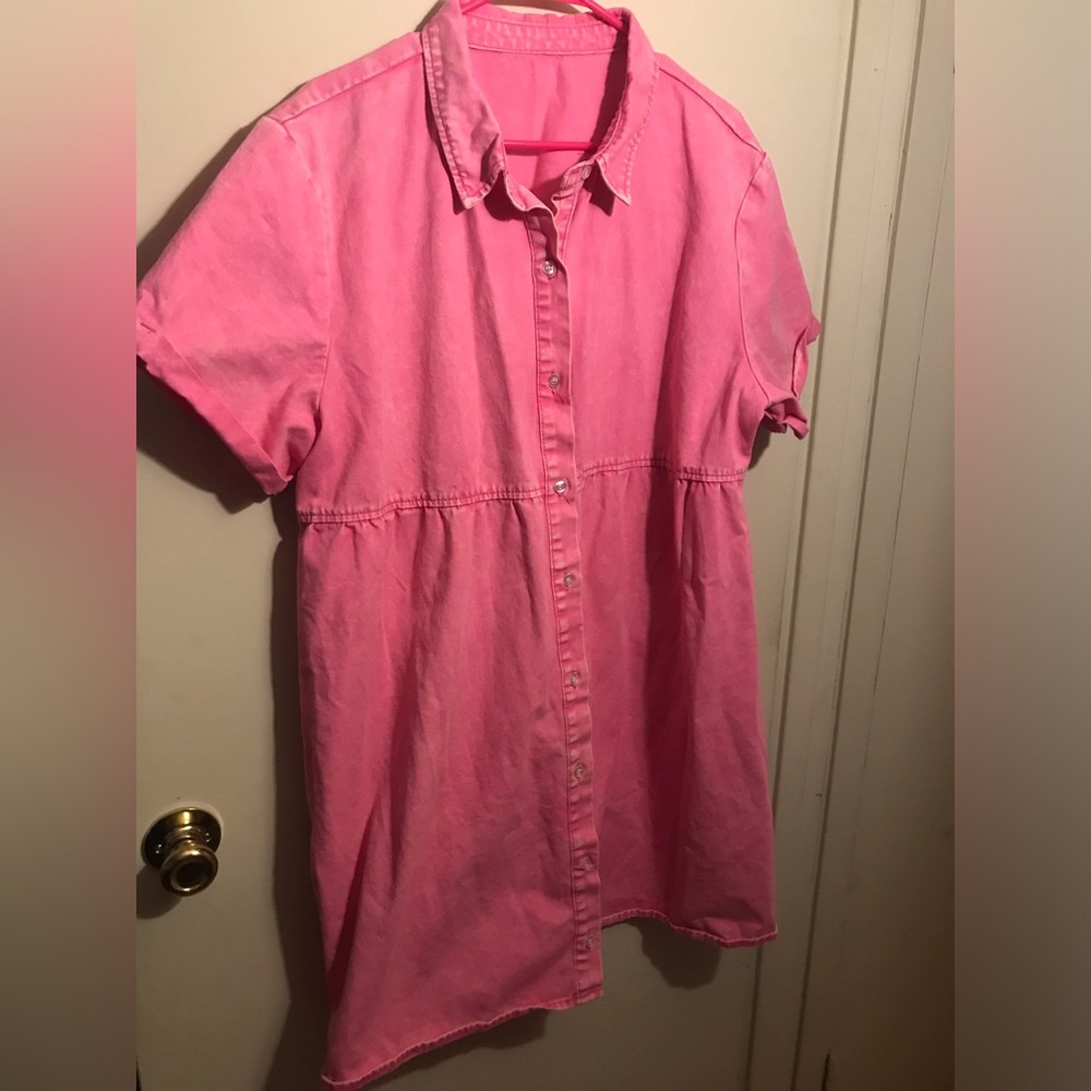 Button-Front Pink Denim Shirt Dress Shacket